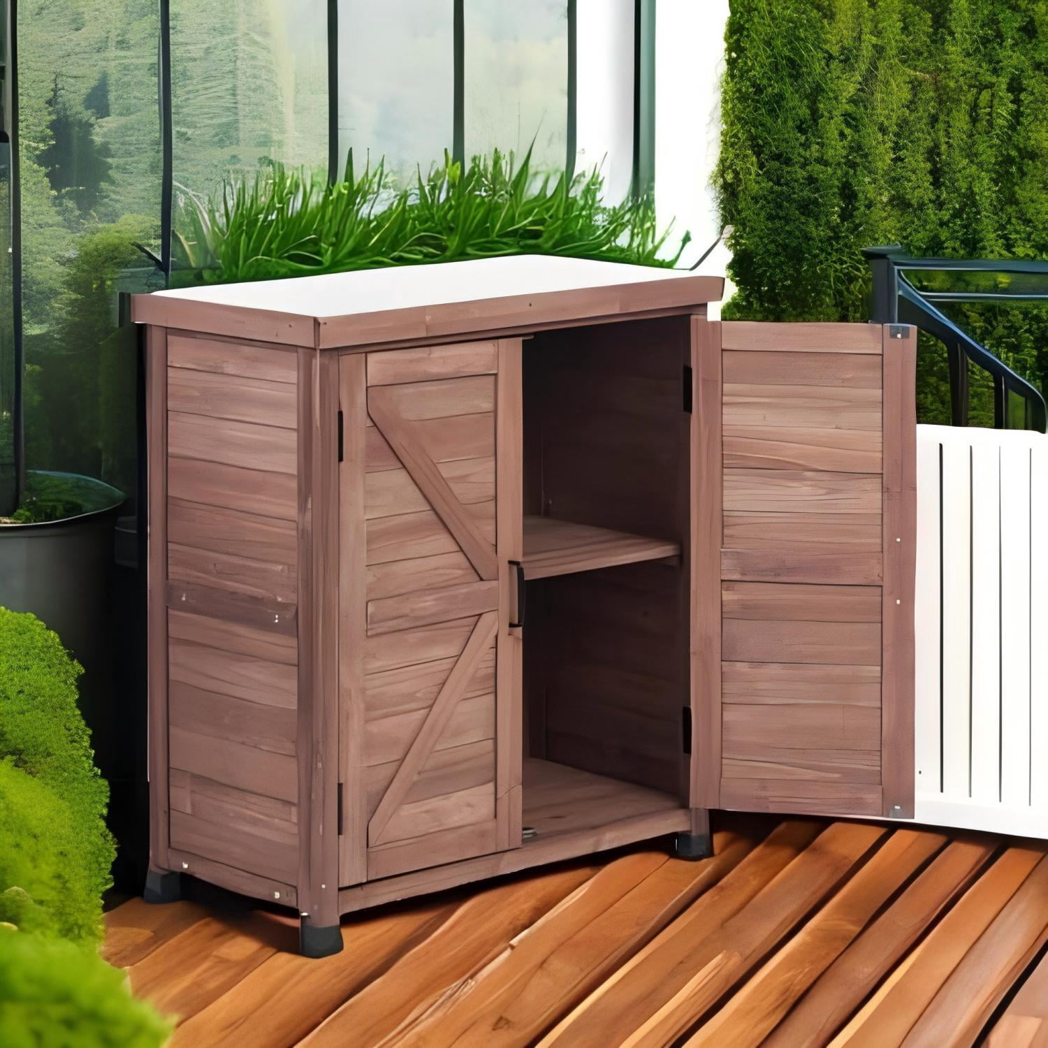 Easy4Home Wooden Outdoor Storage Cabinet with Metal Top Potting Bench Table Garden Workstation, Dark Brown