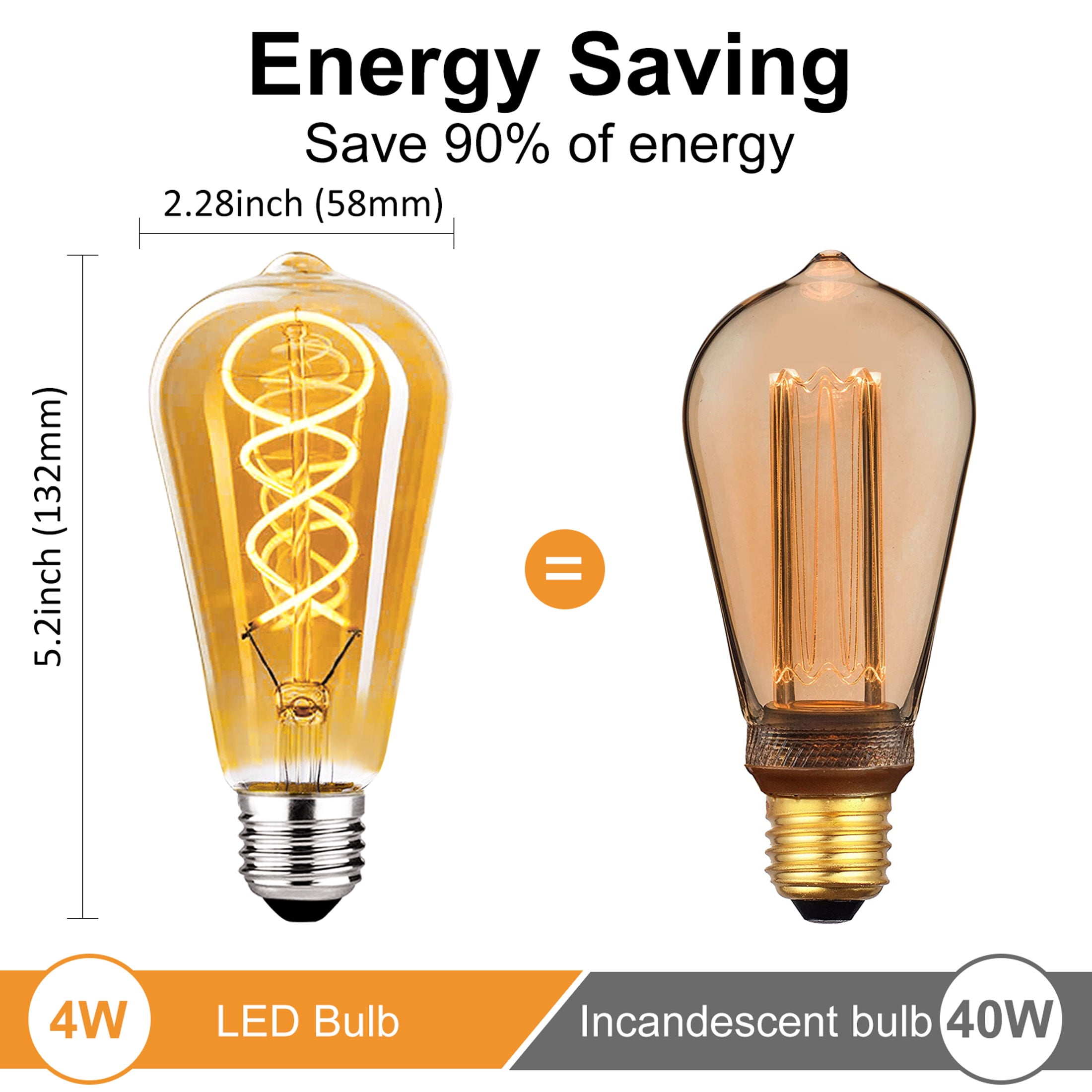 Edison Light Bulbs Dimmable 4W(40W Equivalent) - Warm White 2400K LED Vintage Light Bulbs,E26 Base,300LM, Antique Filament Amber Light Bulbs for Home,Cafe,Bar,Bedroom,6-Pack