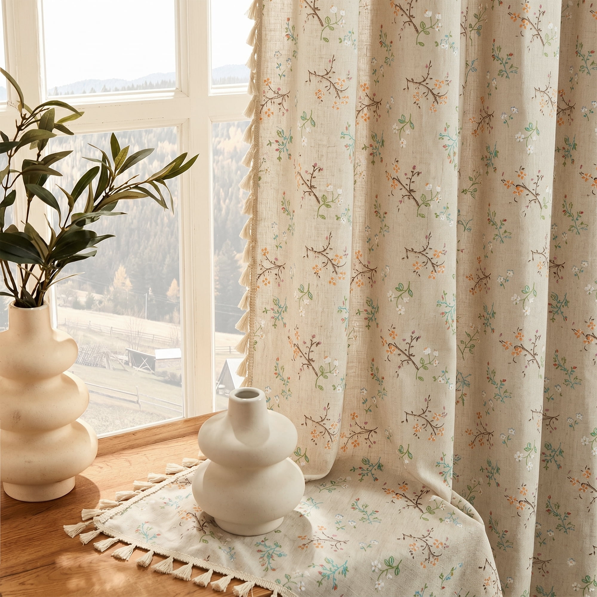 Seasonwood Floral Curtain,Semi-Blackout Linen Curtain for Living Room, 108 Inch Farmhouse Curtain,1 Panel,Beige,52" x 108"
