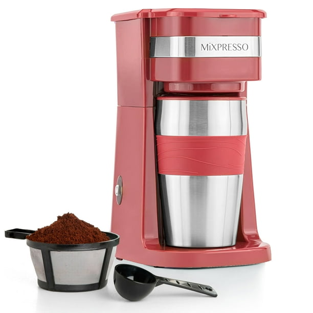Mixpresso Cafetera personal de una sola porción y taza de viaje de 14 oz, cafetera pequeña por goteo y vaso, apagado automático y filtro reutilizable, cafetera roja compatible con café molido