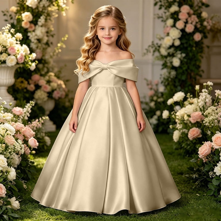 formal dresses for 12 13 year olds Big Kids Girls Dress Sleeveless Off Shoulder Solid Color Bow Design Floor Length Gown Wedding Party,Beige,12-13 Years crystal evening dress