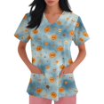 thumbnail image 2 of Domuza Halloween Themed Scrubs Shirts for Women Pumpkin Graphic Casual Soft Stretchy Short Sleeve V Neck Tshirts Breathable Nurse Uniforms Tops with Pocket Red 4XL, 2 of 5