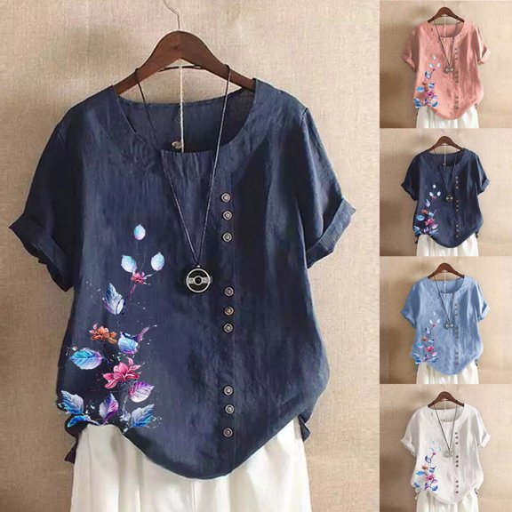 Jacenvly 2024 new plus size womens clothes Casual Fashion Woman Rounk Neck Short Sleeve Blouse T-Shirt Printing Loose Tops breathable Floral Button FrontCrewneck t-shirts womens summer Navy