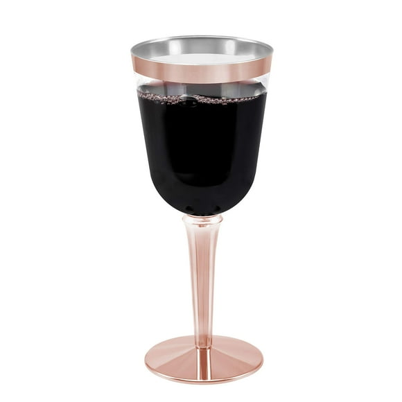 BloominGoods 50 Rose Gold Rimmed Disposable Plastic Wine Glasses | Large 10 oz. Premium Clear Hard Plastic Fancy Wine Cups for Weddings & Events (50-Pack)