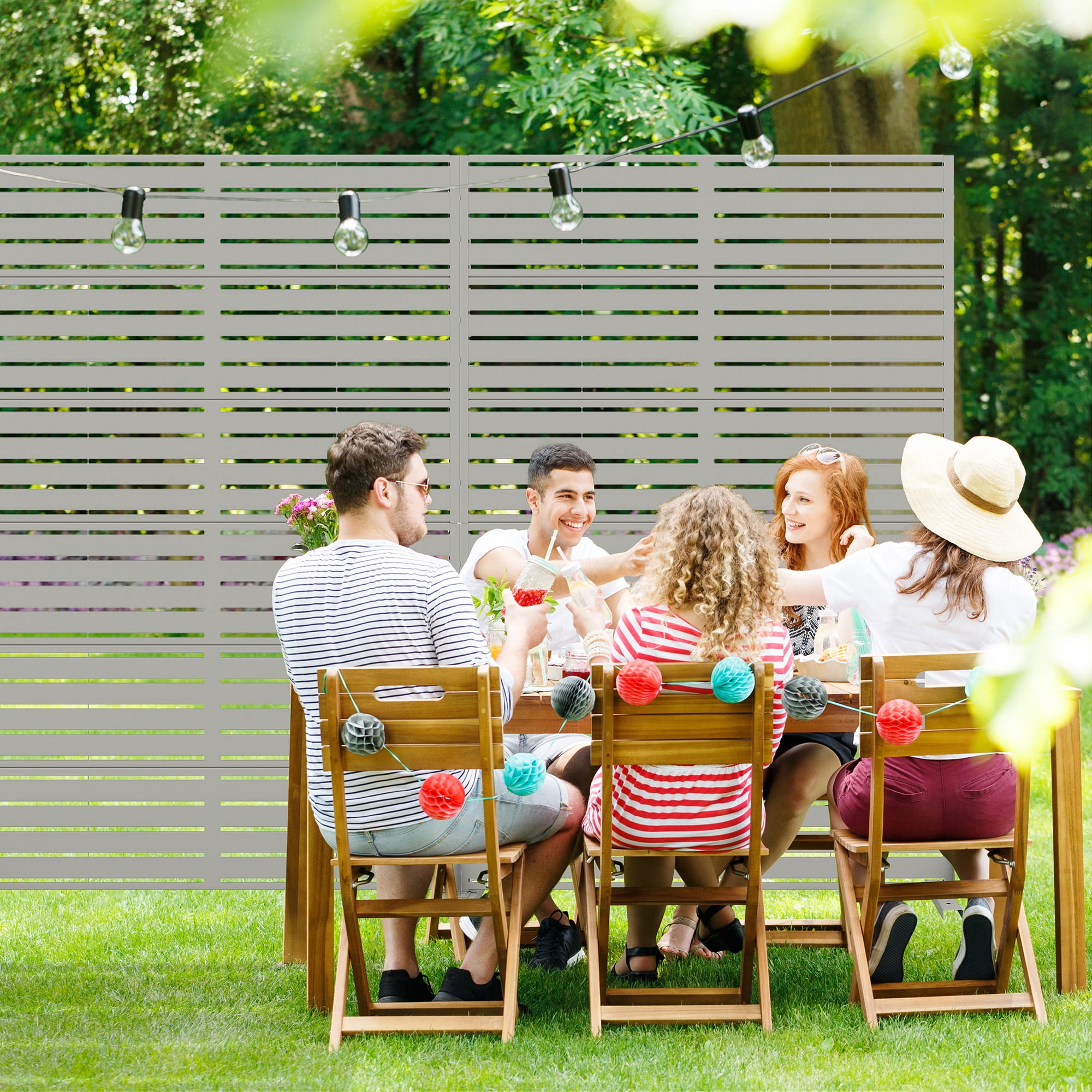 MAYEERTY 72×47" Outdoor Gray Metal Privacy Panel Screen for Backyard & Garden, Louvered Pattern