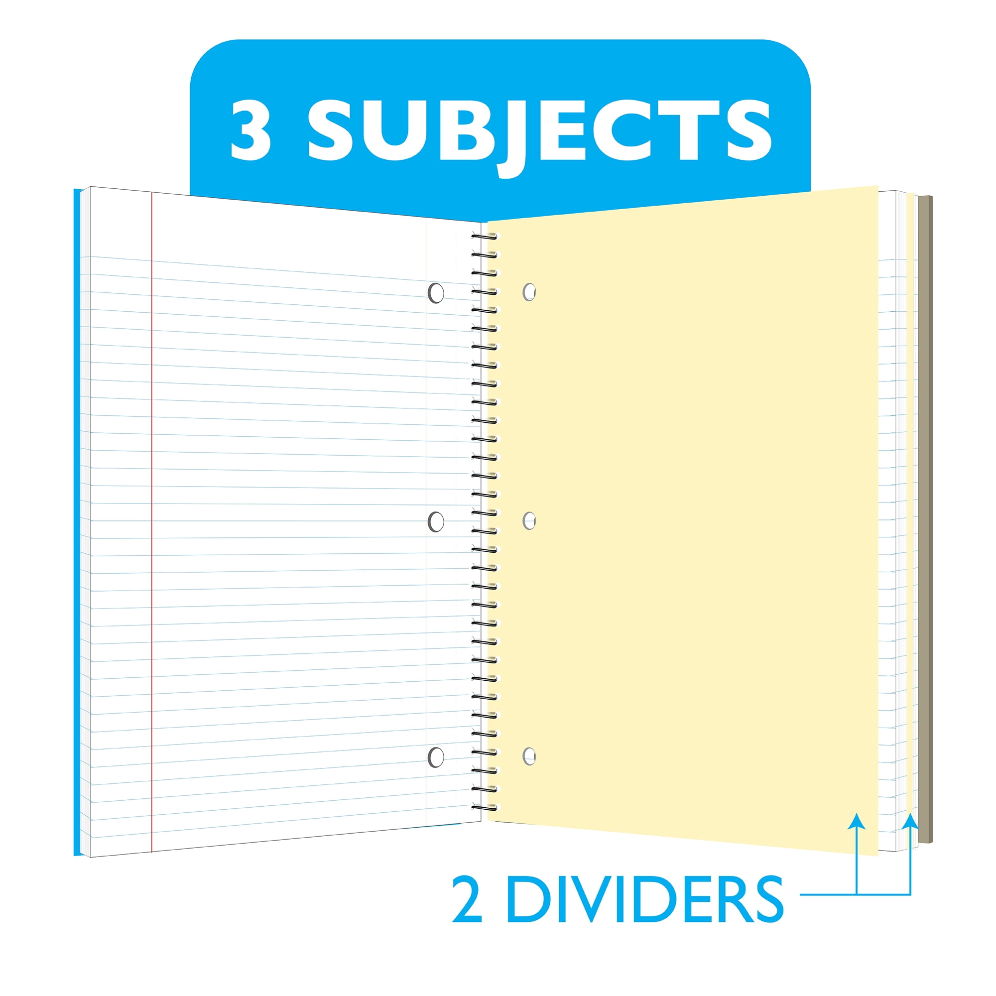 BAZIC Wide Ruled 3 Subject Spiral Notebooks 120 Sheets, Assorted Color, 24-Pack