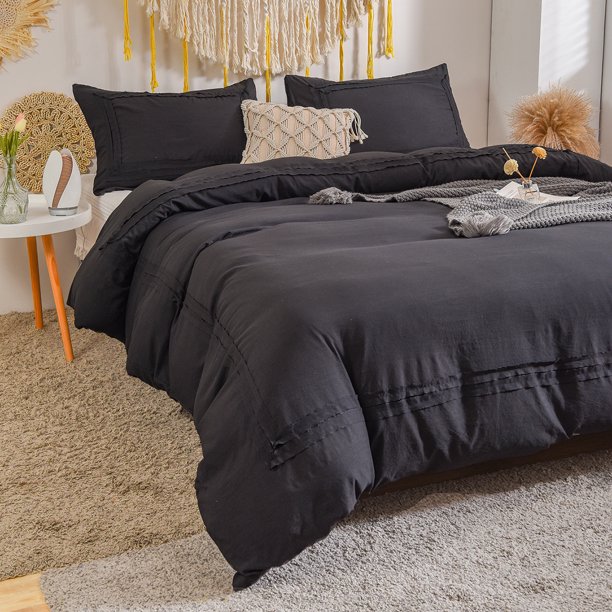 Black Bedding Queen Farmhouse Duvet Cover Boho Chic Bedding Solid Color 100 Washed Microfiber