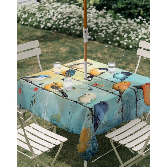 Outdoor Tablecloth with Umbrella Hole, Pastoral Colorful Birds Zippered Table Cloth for Rectangle Tables, Vintage Oil Painting Style Washable Waterproof Tablecloths for Picnic Patio Garden