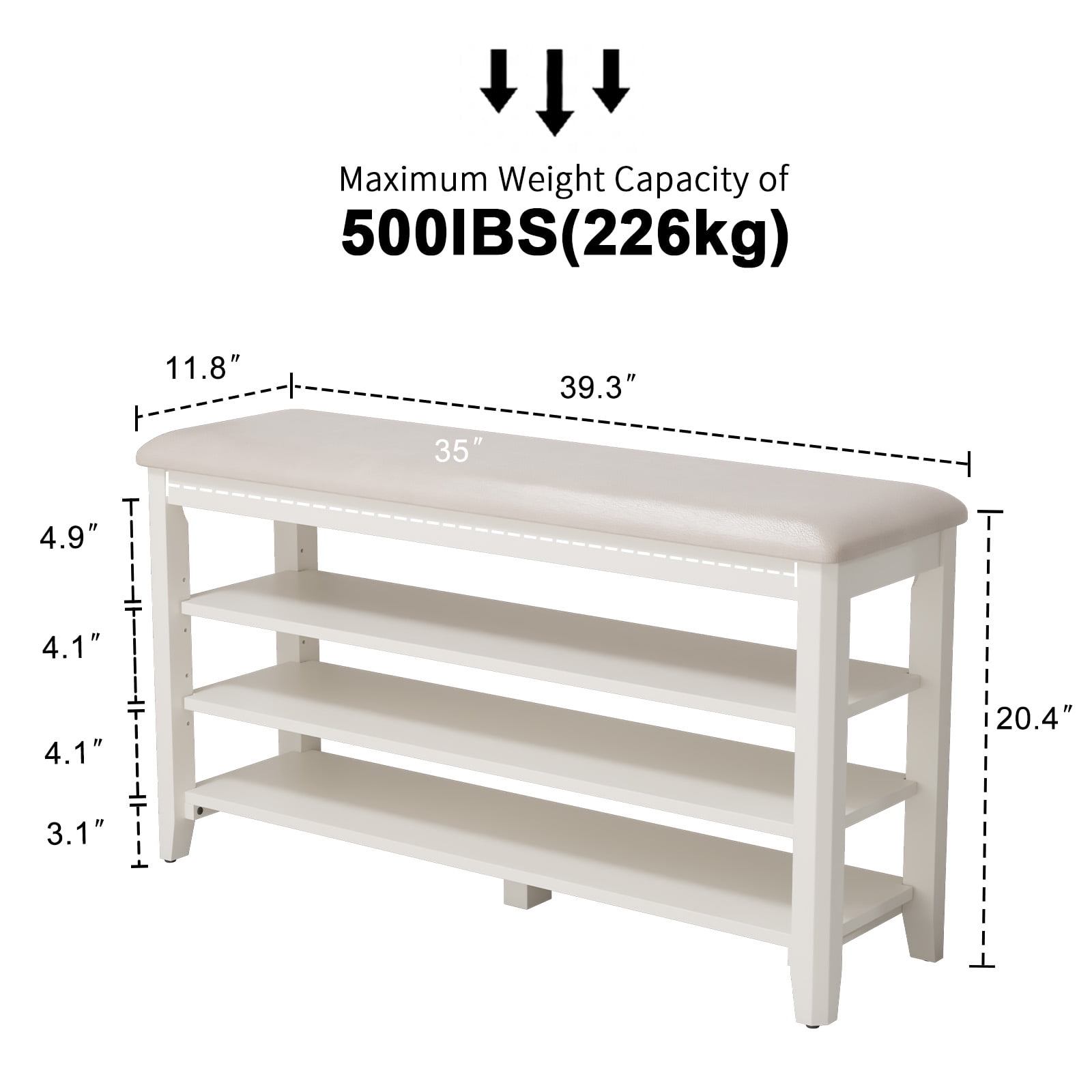 Muwuele 3-Tier Shoe Rack with Leather Cushion, Shoe Organizer Storage with Adjustable Shelves, White Wood Shoe Bench for Entryway, Mudroom, 39.3"W