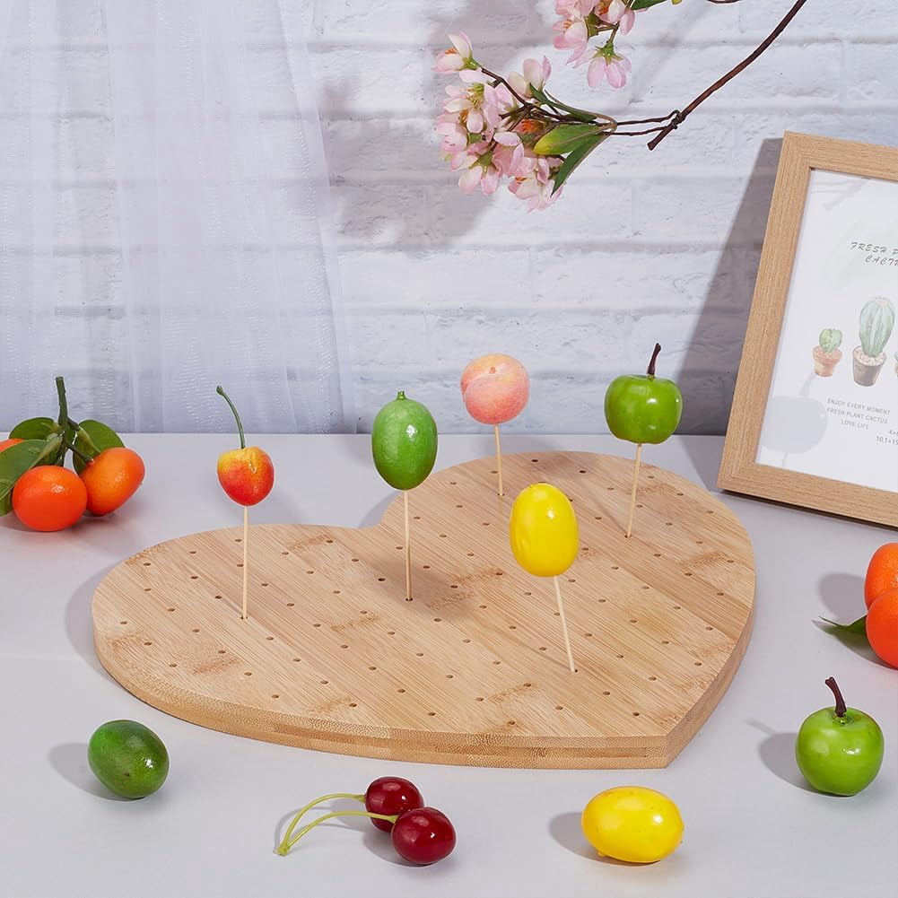 Bamboo Skewer Holder Heart Shape 99 Holes Lollipop Display Stand BurlyWood Color Wooden Appetizer Food Pick Display Holder
