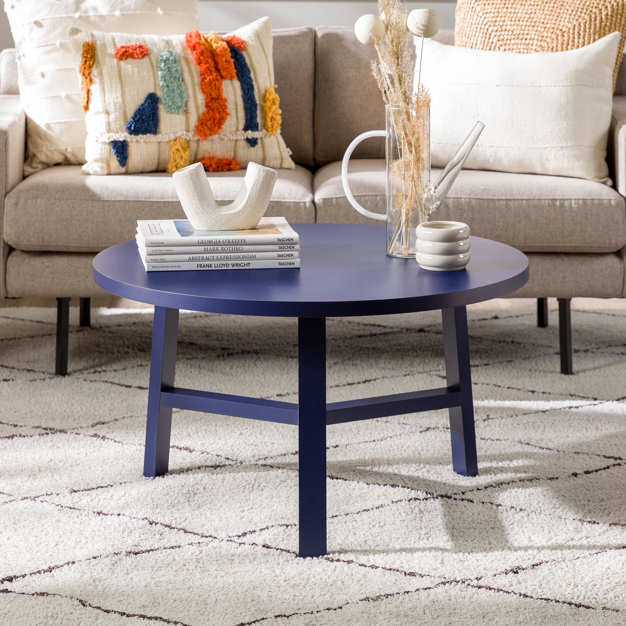 Walker Edison Mid-Century Modern Simple 3 Leg Round Coffee Table, Blue