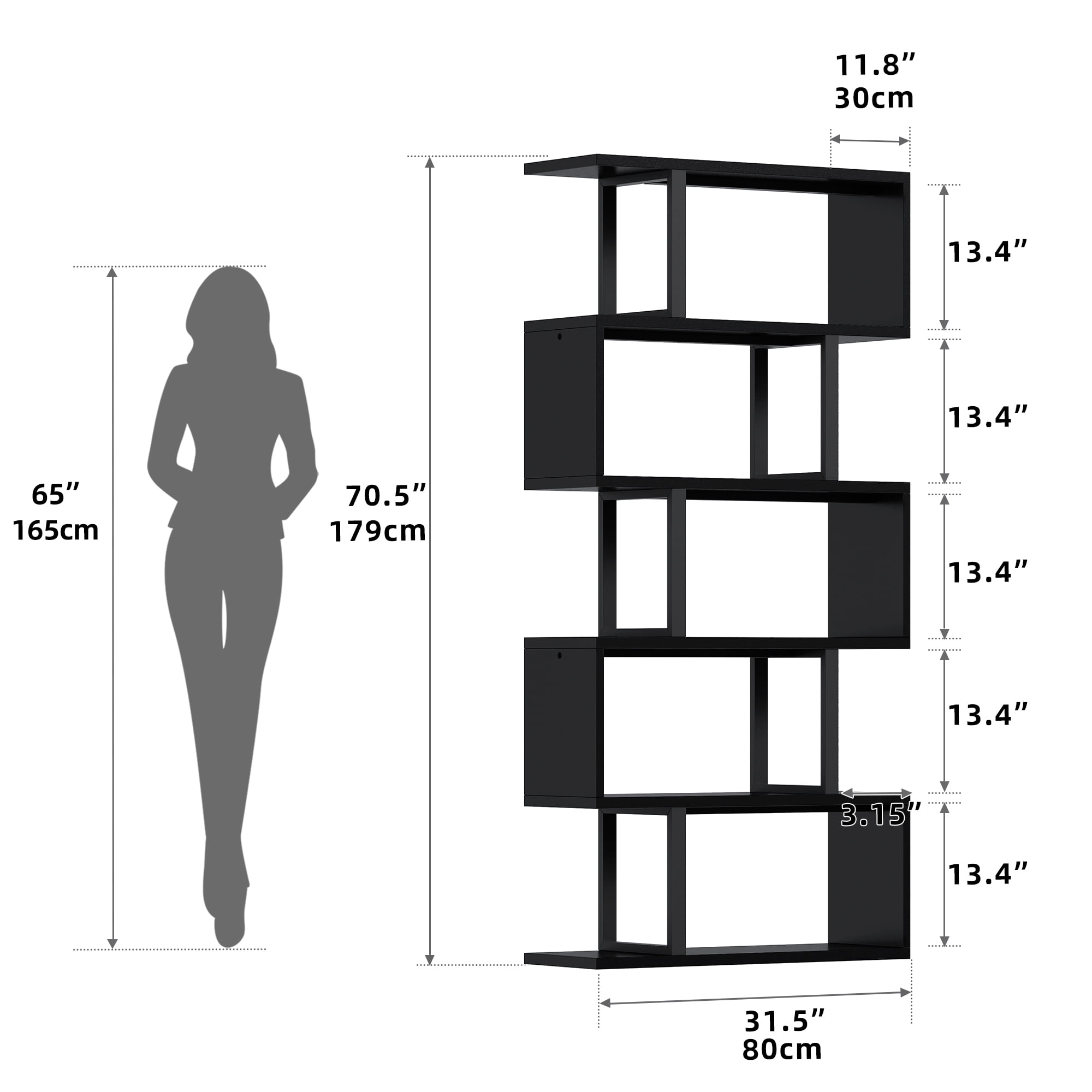 Dextrus 6-Tier S-Shaped Bookshelf , Geometric Tall Bookcase Wooden, Open Display Storage Rack Shelves Freestanding Z-Shelf Open Shelf for Living Room Home Office, Black