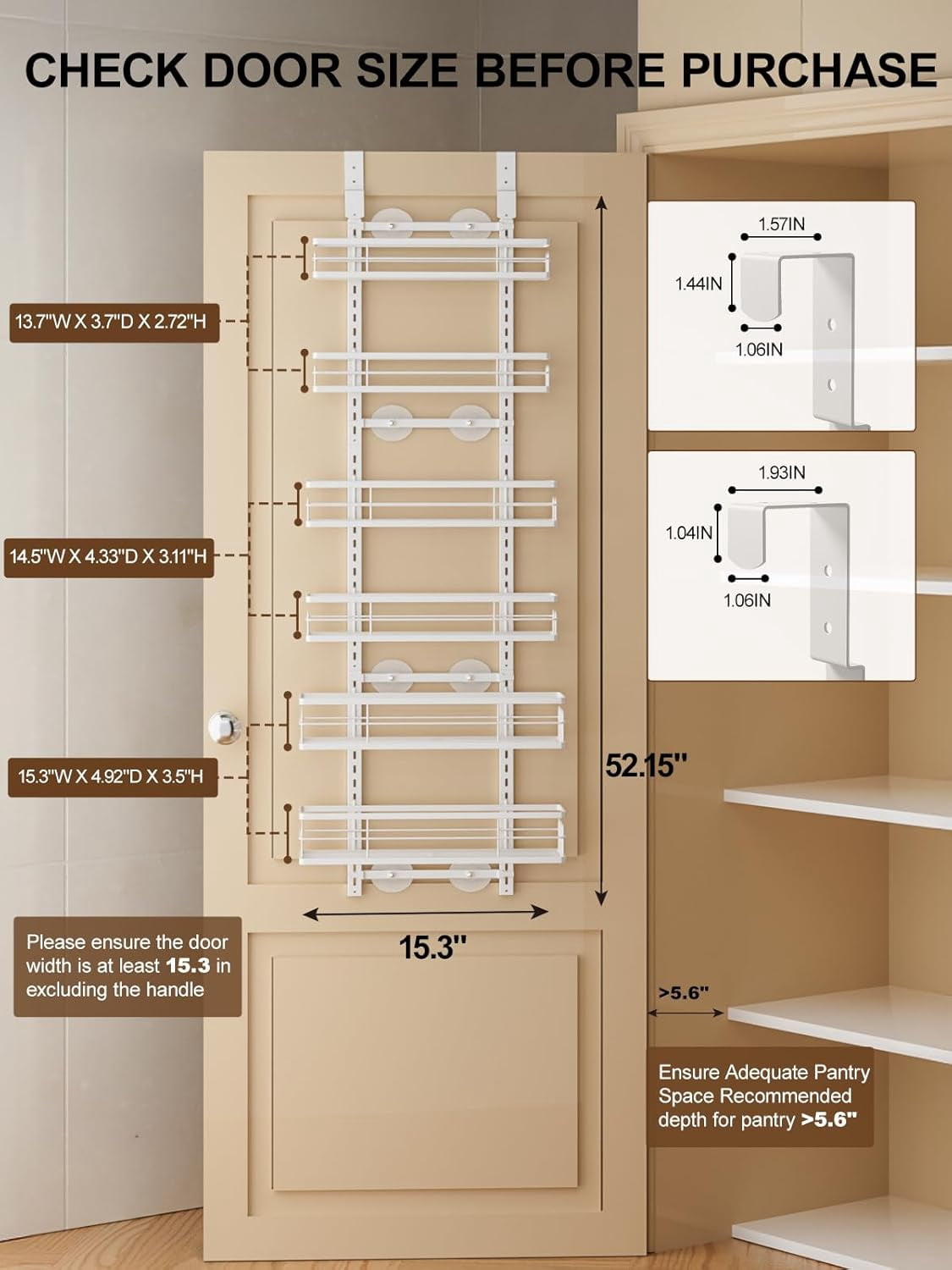 Delamu Over the Door Pantry Organizer, 6 Tier Pantry Door Organizer with Adjustable Basket, Door Spice Rack Seasoning Organizer, Metal Hanging Pantry Organizers and Storage for Kitchen,15.3" White