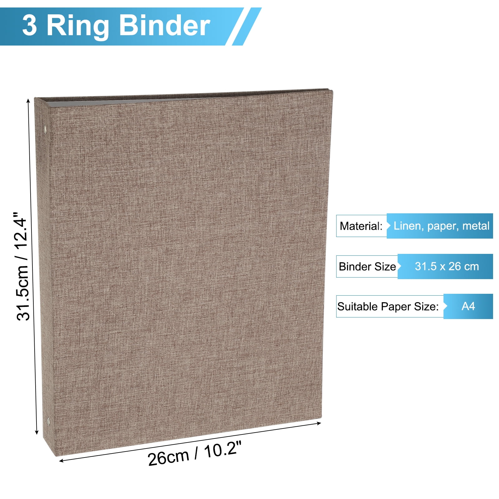 Uxcell 3 Ring Binder, A4 Size Flexible Round Binder Big Capacity Linen Planner Binder for Business Home Classroom, Dark Gray