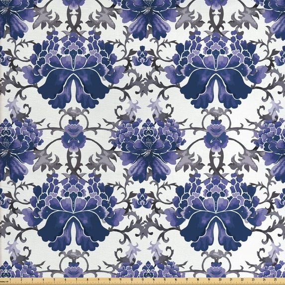 Floral Fabric by the Yard, Chinese Petals and Stalks Aquarelle Symmetrical Oriental Nature, Upholstery Fabric for Dining Chairs Home Decor Accents, Lavender Dark Purple by Ambesonne