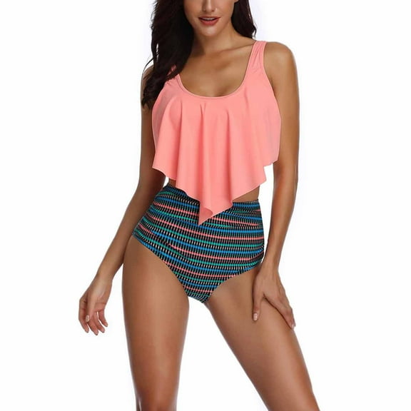 Wyongtao Women Two Piece High Waisted Bikini Set Swimsuit Tummy Control Bottoms Ruffle Off Shoulder Bathing Suits,Pink XL