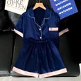 thumbnail image 2 of Women Ice Silk Pajama Set - Solid Color 3/4 Sleeve Top & Shorts Spring Summer Loungewear, 2 of 6