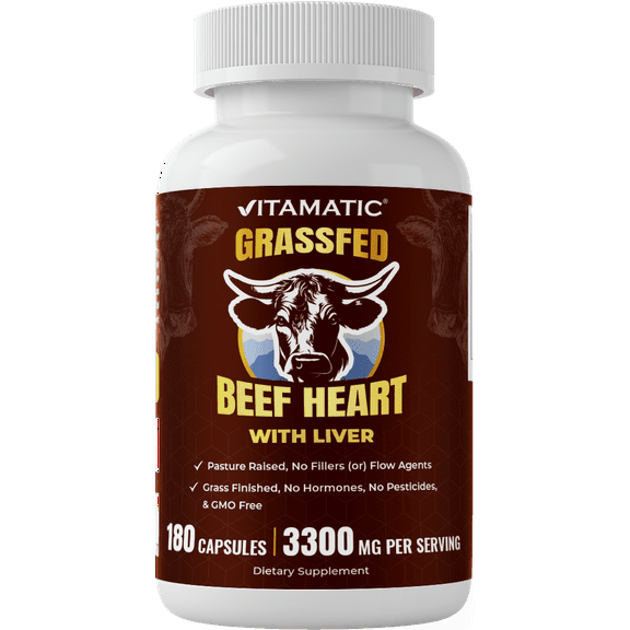 Vitamatic Grass Fed Beef Heart with Liver - 180 Capsules - Freeze Dried & Non-GMO - Pasture Raised Glandular Supplement - Made in USA