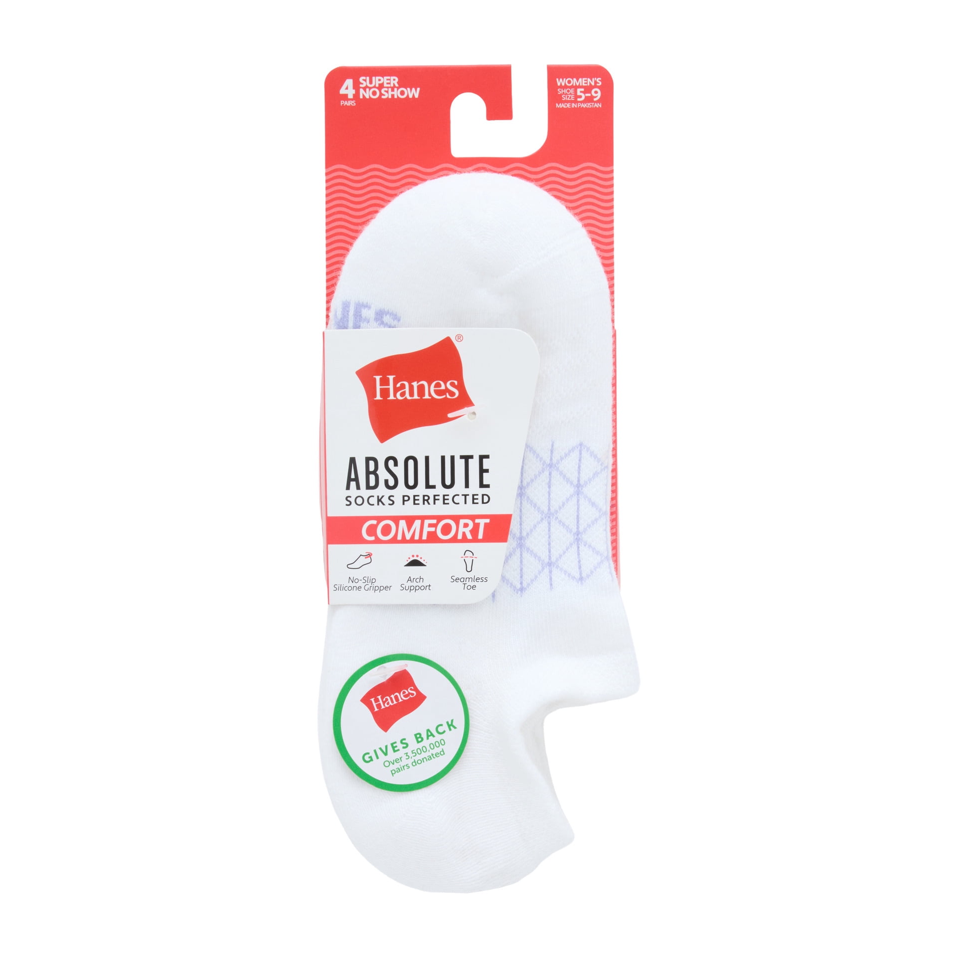 Hanes Women's Absolute Comfort Super No-Show Socks, 4-Pack, Size 5-9