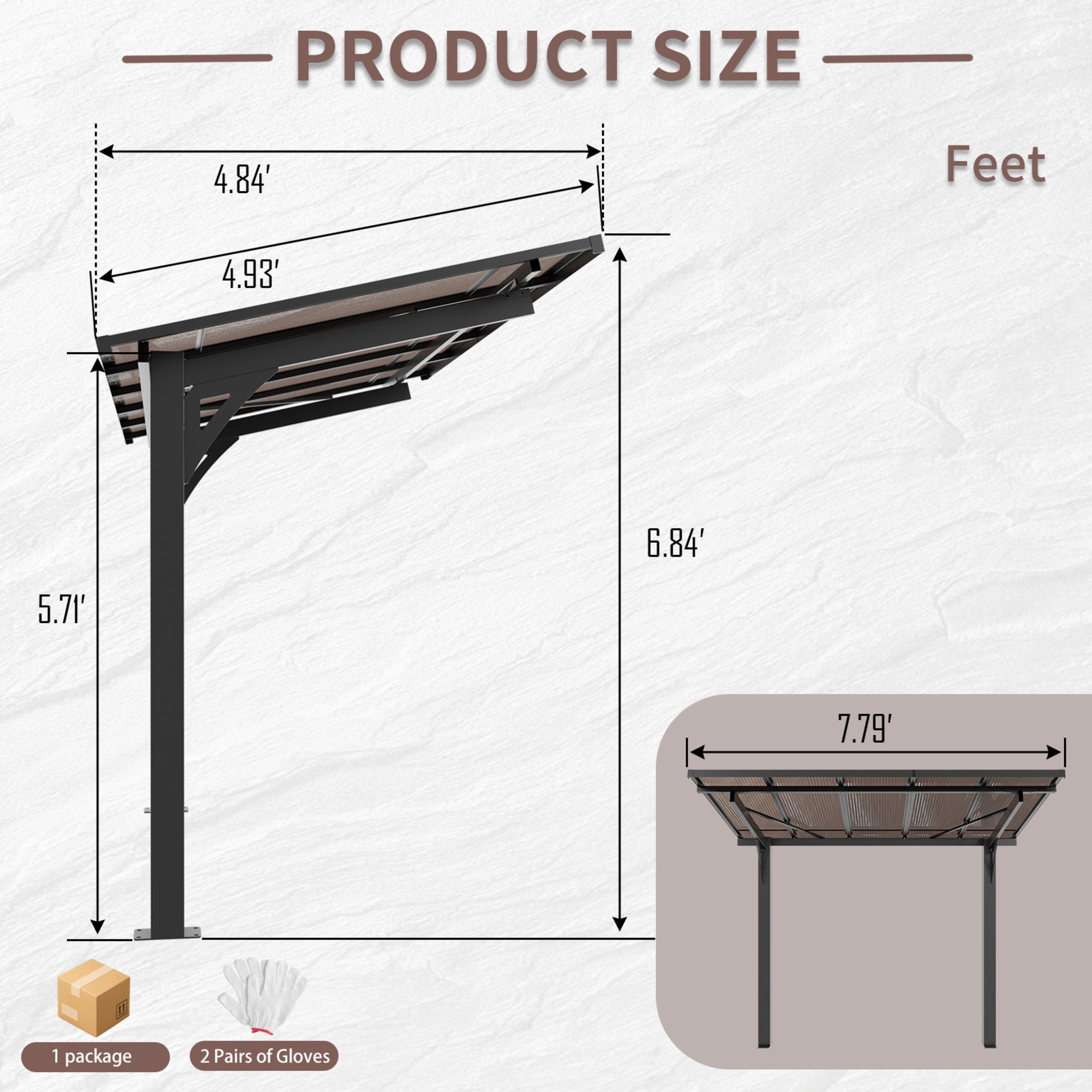 Noble House 8x5 FT Galvanized Steel Carport Awning, Sloped PC Roof Outdoor Utility Shelter & Grill Canopy, Black