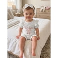 thumbnail image 5 of BemeyourBBs She‘s Here Baby Girls Spring Summer Fall Clothes Newborn Baby Girl Hospital Going Home Outfit Waffled Romper Bow Letter Print Ruffle Short Sleeve One Piece Jumpsuit with Headband, 5 of 9