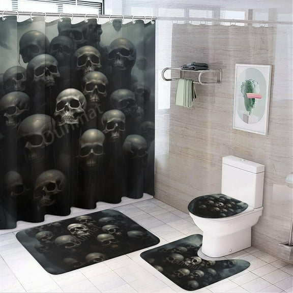 4Pcs Rustic Fantasy Skull Bathroom Sets with Shower Curtain Sets Rugs Mats Black Skeleton Balloon Landscape Bathroom Decorations Sets with Non Slip Rugs Toilet Lid Cover Bath Mat, Style-2