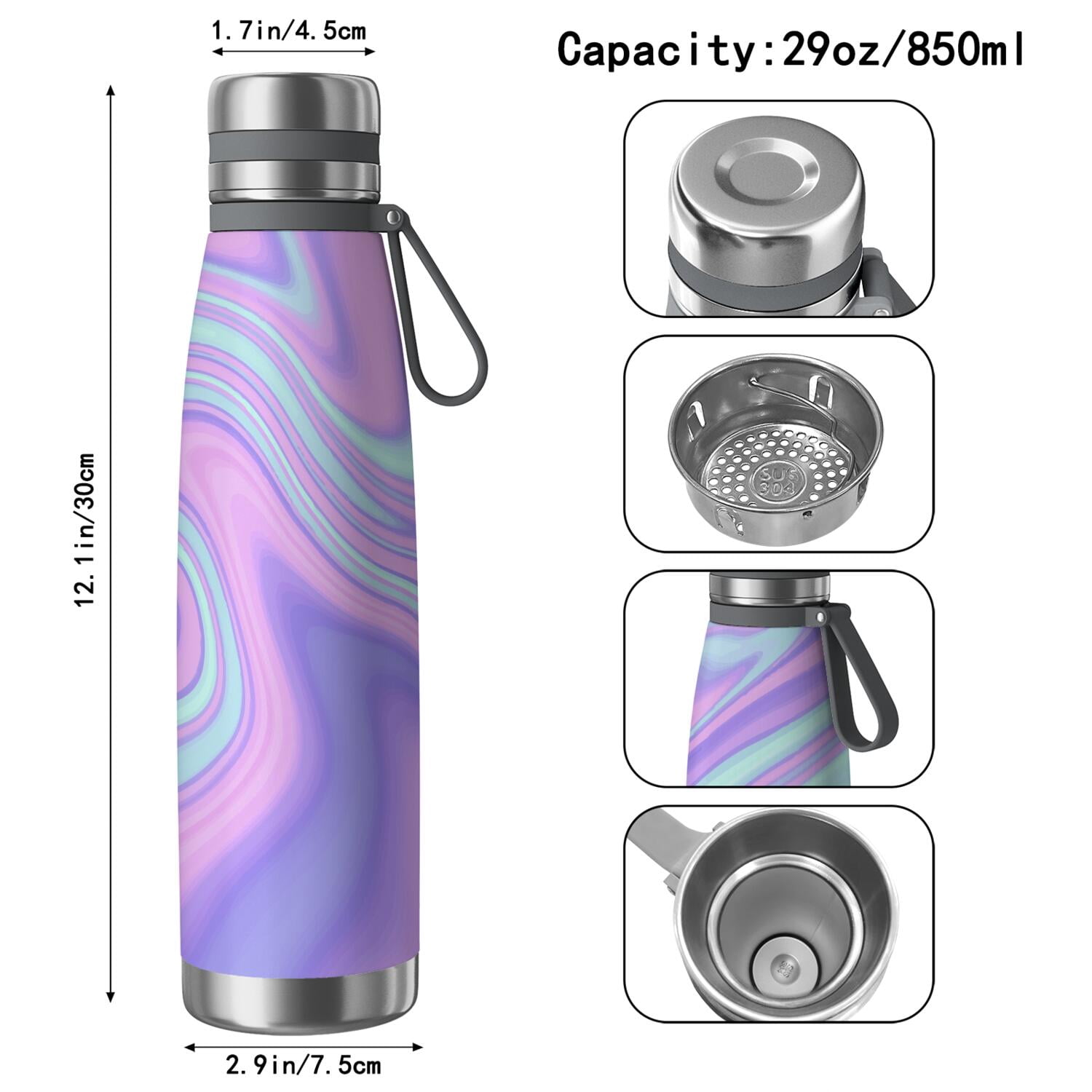 29oz Insulated Water Bottle with Tea Infuser, Stainless Steel Travel Mug, Liquid & Marble Print