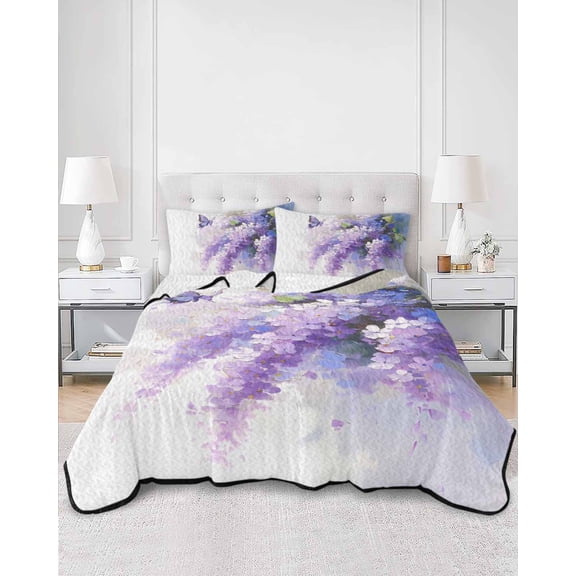 Quilts Twin Size, Lavender Soft Comforter Bedding Set for Bed, Watercolor Purple White Floral Botanical Butterfly Lightweight Quilted Bedspread with Pillow Cover(2 Pieces) for All Season, 68x86 Inch