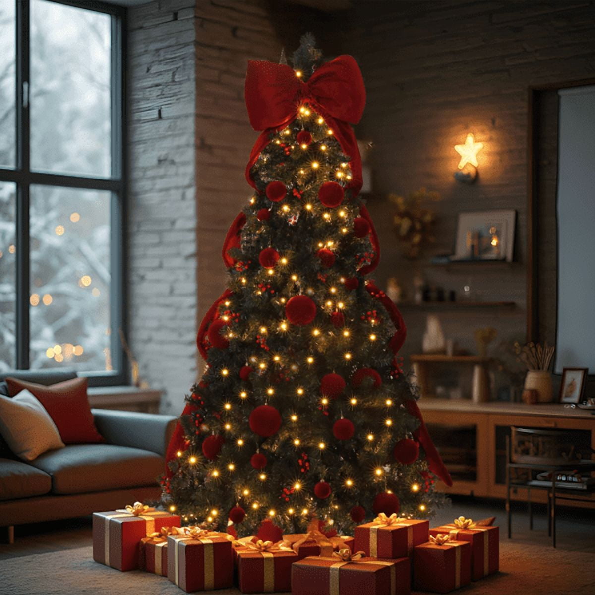 7.5FT Christmas Tree, Dark Green PVC with 1600 Branch Tips, 300 Warm White LED Lights, Easy Setup with Reinforced Metal Stand