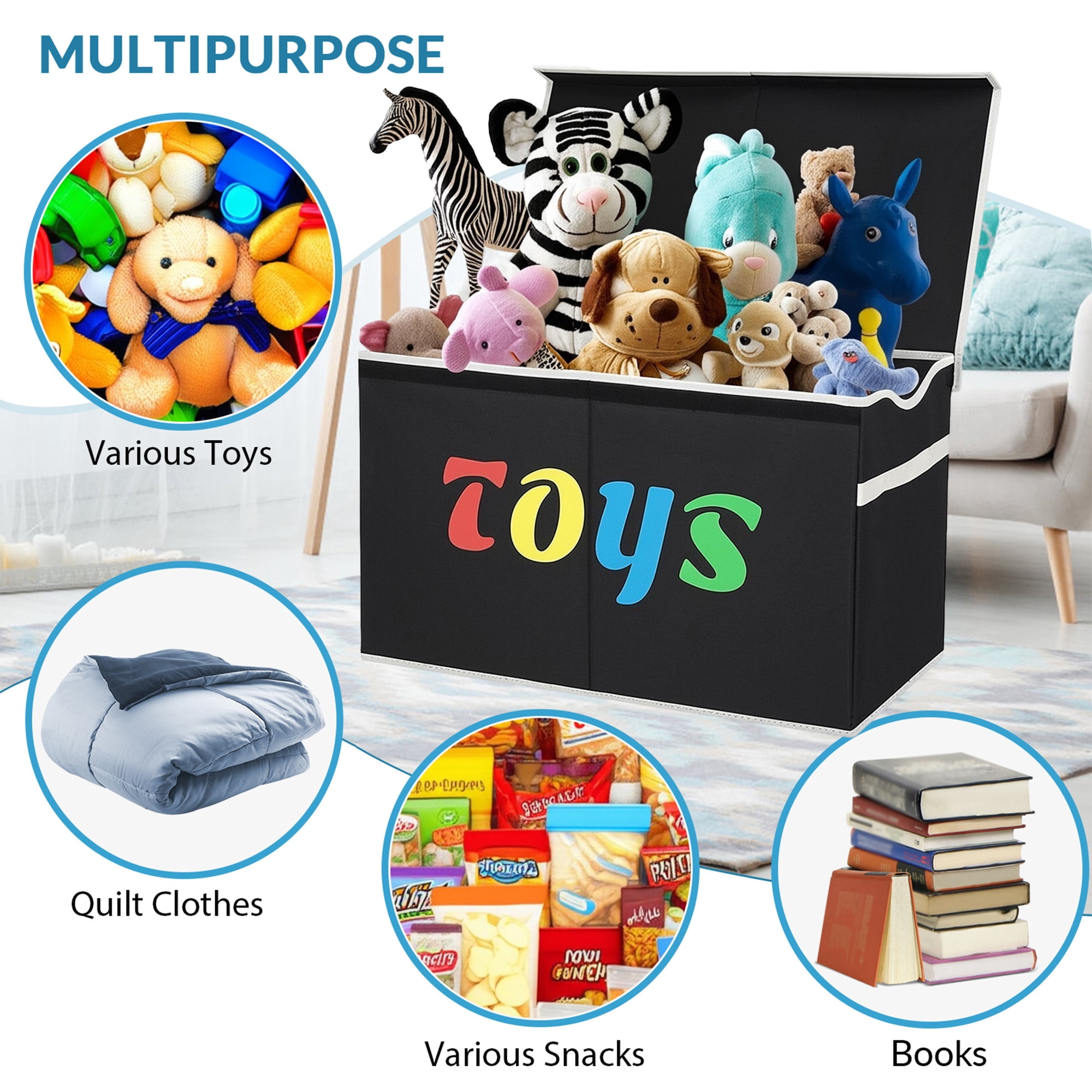 VICTORICH XL Child Collapsible Toy Storage Fabric 32 gal Kids Room Toy Chests with Lids, Black