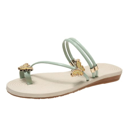 

Cathalem Ladies Fashion Summer Butterfly Cover Toe Straw Bottom Flat Beach Sandals Mint Green 40