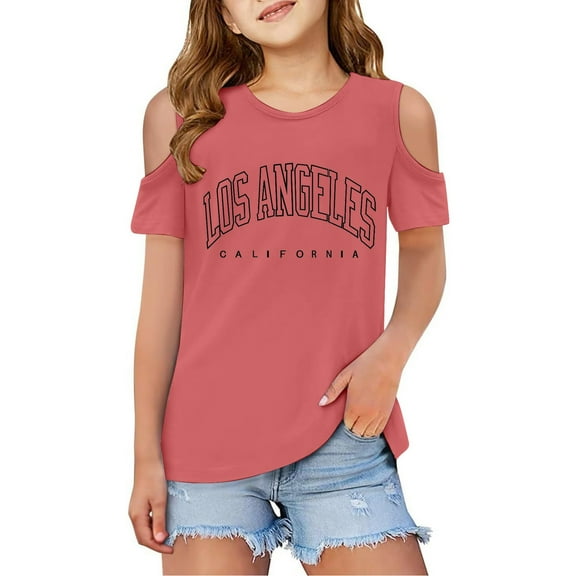 Girls T Shirts Cold Shoulder Letter Print Girls Short Sleeve Tops Round Neck Girls Summer Clothes Girls 7-8 Years Clothes Trendy Girl Fashion