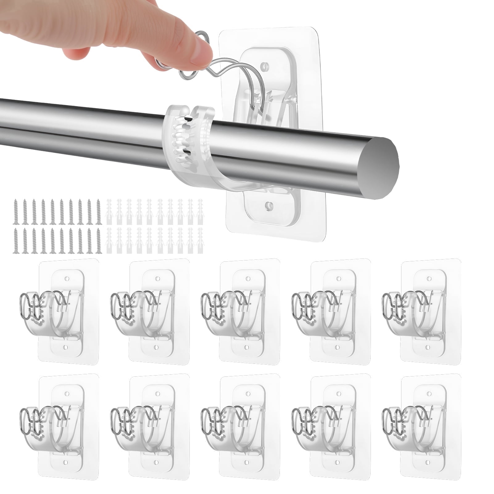 Armscye 10-Pack Clear No Drill Curtain Rod Brackets, Self Adhesive Renter Friendly Curtain Rod Holders, Nail-Free Transparent Heavy Duty Hooks for Apartment, Bedroom, Livingroom