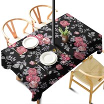 Outdoor Waterproof Pioneer Tablecloth with Umbrella Hole and Zipper, Pink Rose Black Vector Image Rectangle Reusable Durable Decor Table Cover for Party Picnic Patio 60×102 Inch