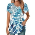 thumbnail image 2 of GaThRRgYP Women's Short Sleeve Tops for Summer Comfort,Women's New Short Sleeve Round Neck Cover Casual Pleated Tunic Top Curved Hem Printed Fashion Top Blue S, 2 of 6