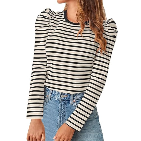 XIYON Womens T Shirts Long Sleeve Crew Neck Striped Tshirts With Puffy Sleeve Fashion Casual Vintage Tops Womens Tops Trendy