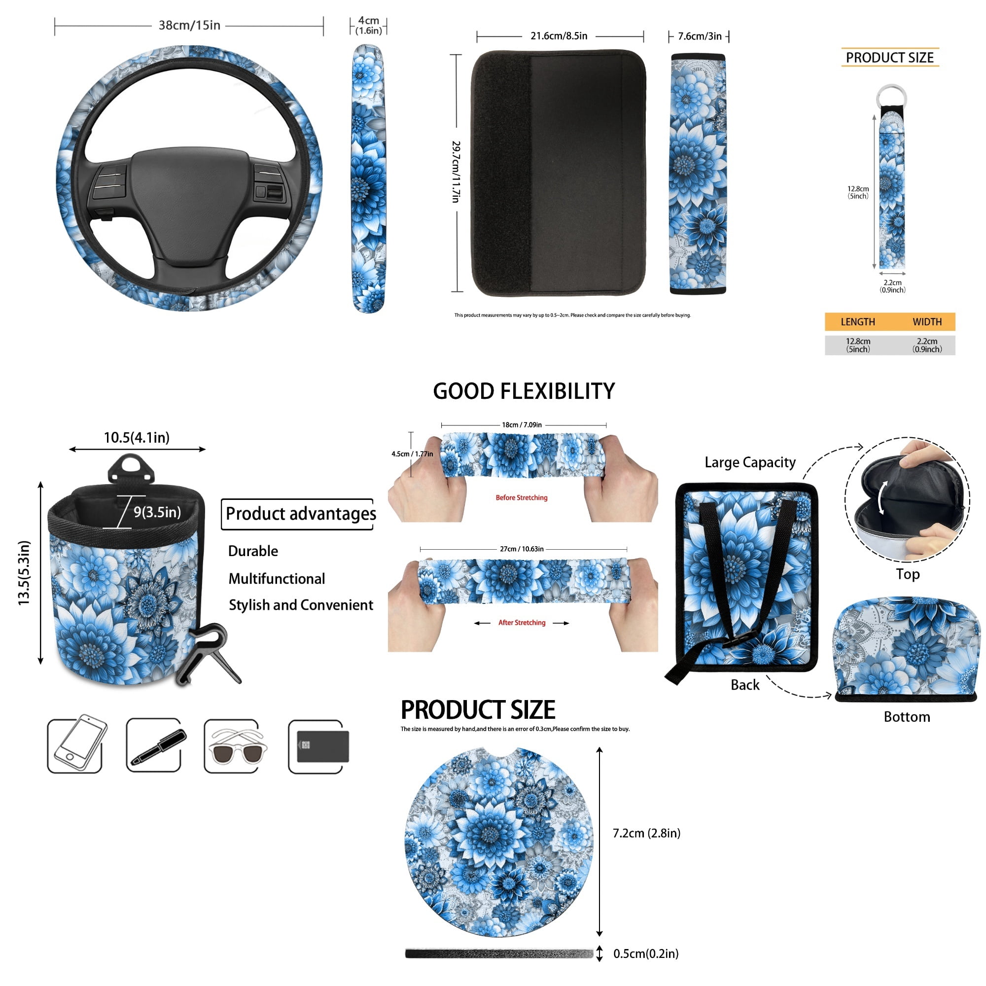 Yuyamidu Blue Dahlia Car Seat Cover Set of 15 Flower Steering Wheel Cover Auto Seat Belt Strap Pad Cup Mat Trash Bag Air Vent Organizer Rear View Mirror Protector Wristlet Keychain