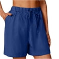 thumbnail image 4 of Costeam Womens Crinkle Linen Blend Casual Shorts Dual Side Square Patch Hand Pockets Adjustable Drawstring Elastic High Waist Loose Relaxed Mid Thigh Lightweight Breathable Summer Short Pants, 4 of 8