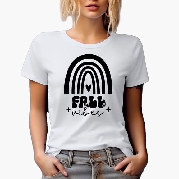 Fall Vibes with Boho Rainbow Art Merch Gift, White T-Shirt, Small