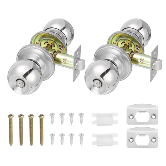 2 Pack Privacy Door Knob, Round Interior Door Handles Keyless Turn Lock Doorknob with Screws Fits 1.77"-2.56" Thickness for Bedroom, Bathroom Closets, Silver Tone