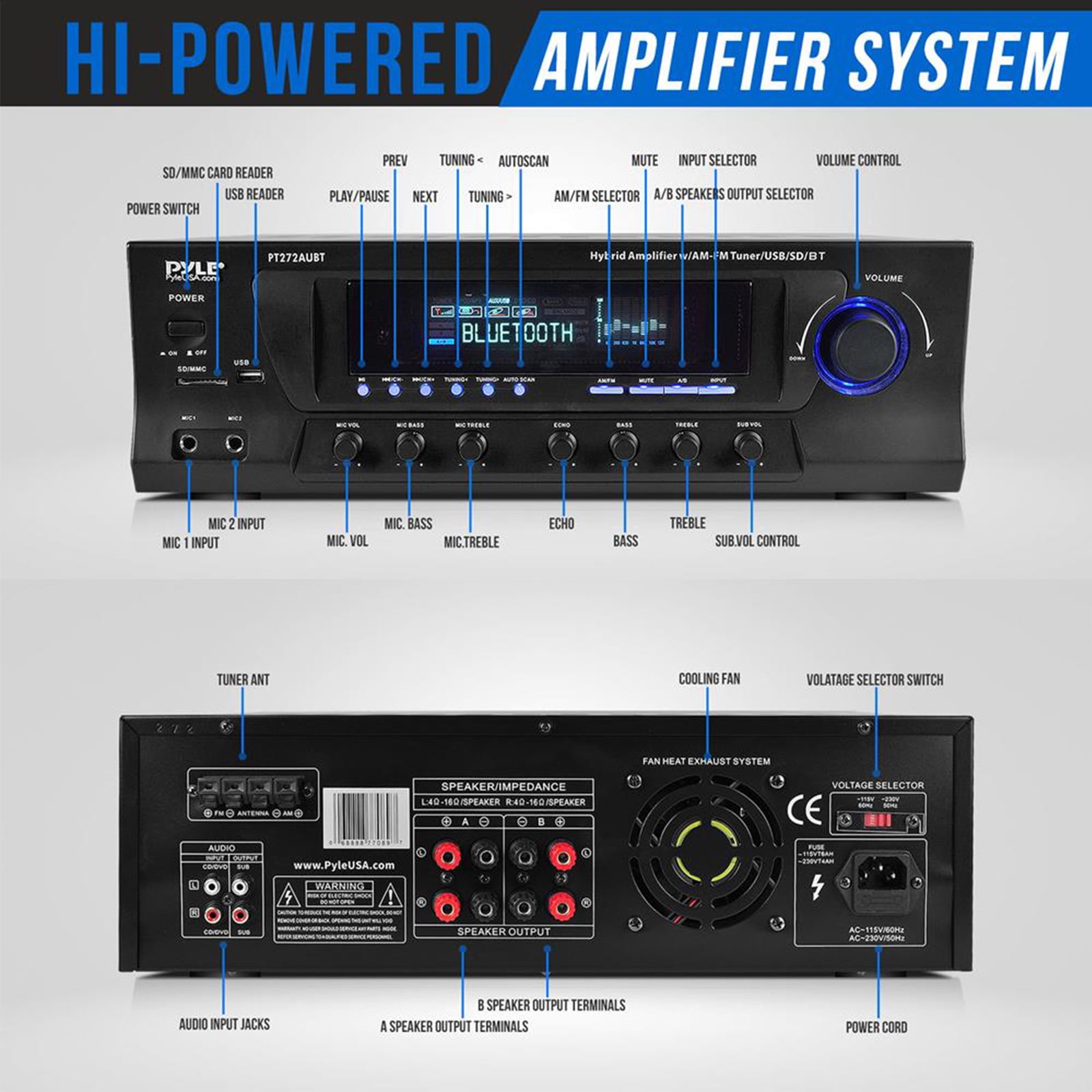 Pyle PT272AUBT High-Power 300 Watt Max AM/FM Radio Bluetooth Home Theater Amplifier Receiver, 2x 6.5'' 240 Watt Max Power Home Theater Wooden Bookshelf Black Speakers, 50 Feet 16 Gauge Speaker Wire