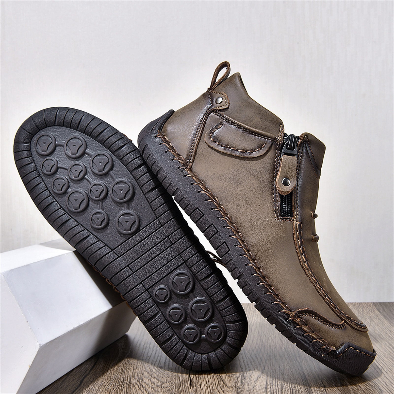 HTHLVMD Driving Shoes for Men, Men’S Slip-On Orthopedic Leather Boots,Men’S Handmade Premium Leather Slip-On Driving Boots,Men Side Zipper Orthopedic Shoes for Driving Hiking, Khaki 8