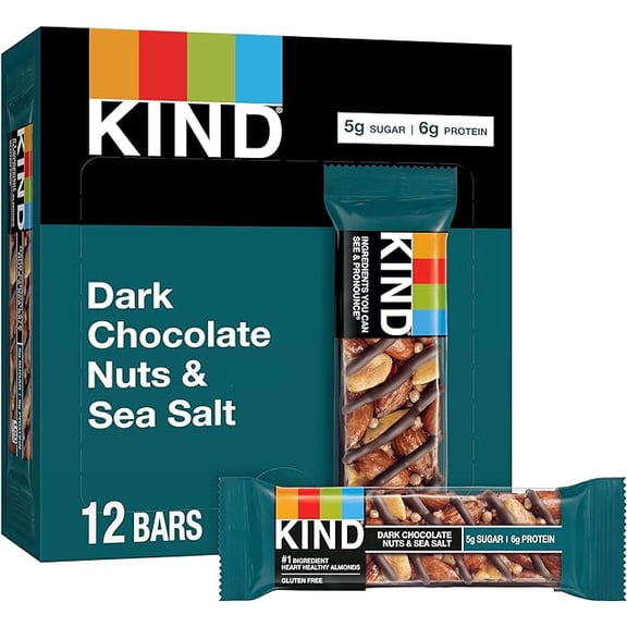 KIND Nut Bars, Dark Chocolate Nuts and Sea Salt, Healthy Snacks, Gluten Free, Low Sugar, 6g Protein, 12 Count