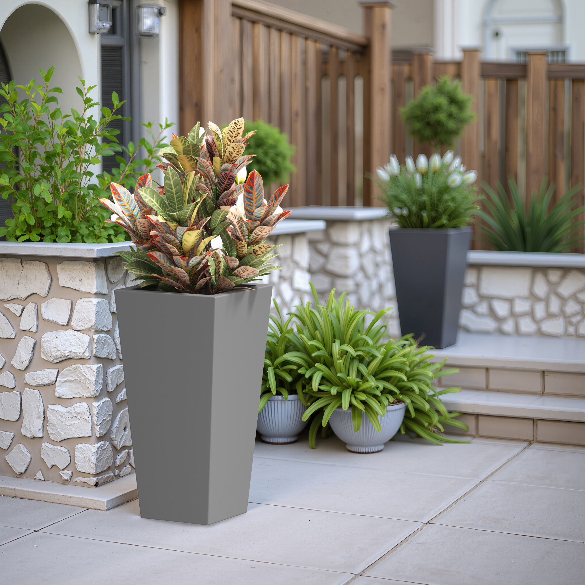 MAYEERTY 30*15*15" Gray Modern Metal Cone Planter with Drainage Hole for Outdoor Gardening, Patio & Balcony