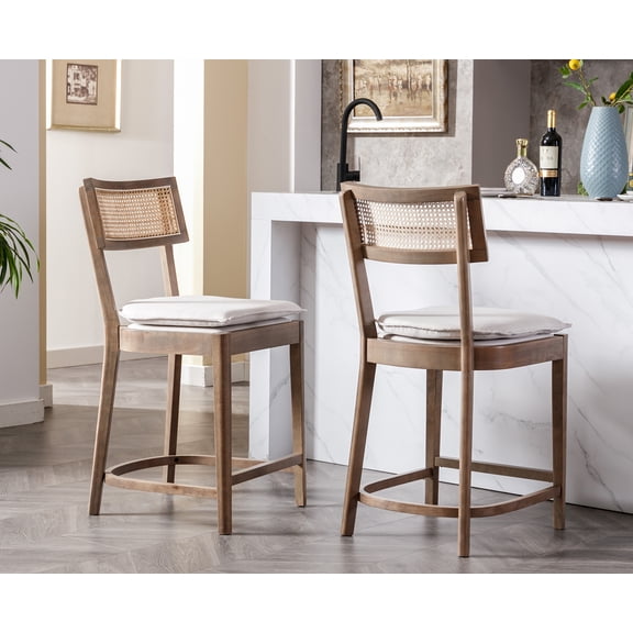 Dayalane 26" Rattan Back Counter Height Bar Stools Set of 2, Mid Century Wooden Kitchen Island Chairs with Footrest and Removable Cushion, Modern Tall Barstools for Restaurant Bar, Light Brown