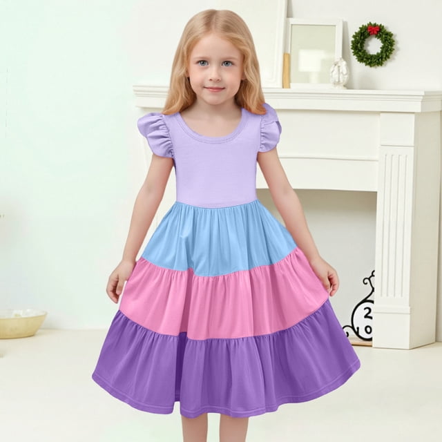 WENXIAOO Robe Fille Enfant Coton Robes pour Filles Manches à Volants à Étages Évasée Ligne A Robe d'Anniversaire Tout-Petit Robe de Fête 8-9 Ans