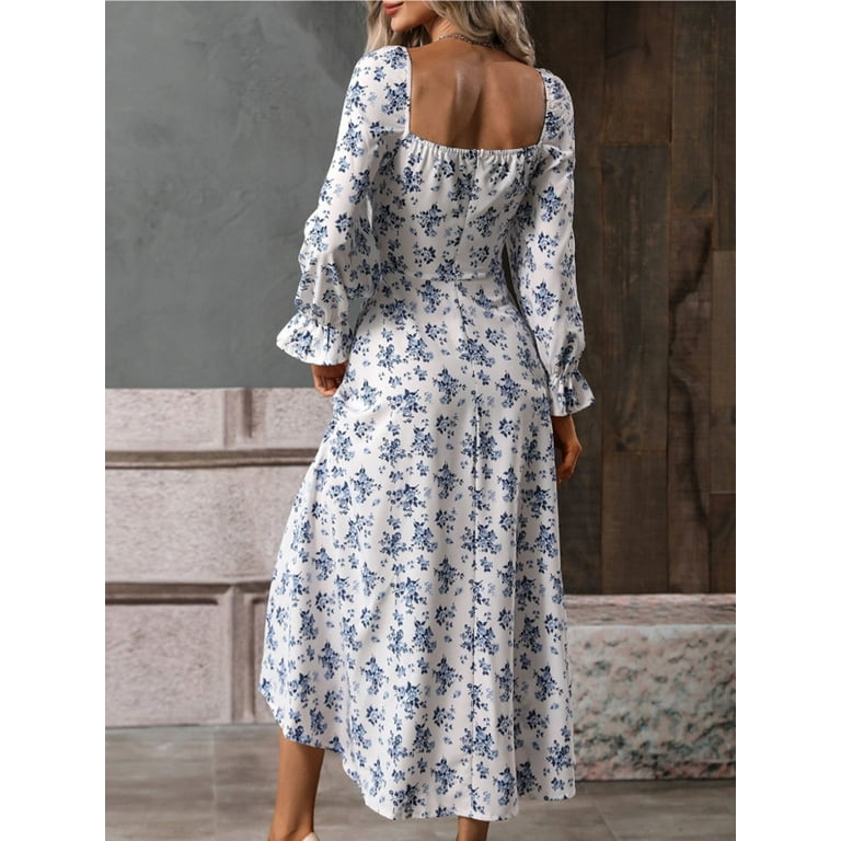 Michellecmm Women Long Dress, Long Sleeve Square Neck Tie-up Michellecmm Women Long Dress, Long Sleeve Square Neck Tie-up