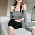 thumbnail image 4 of ZAXARRA Female Crop Tops, Off Shoulder Long Sleeve Fake Two Pieces T-Shirt, 4 of 7
