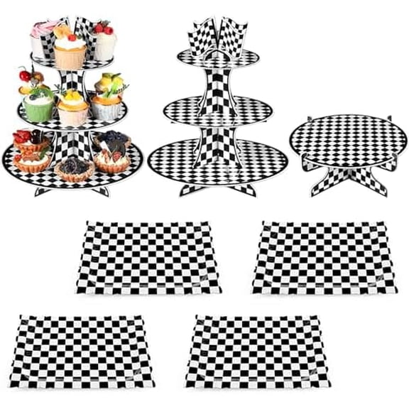 7 Pieces Racing Car Theme Cupcake Stand Set 3-Tier Cardboard Cupcake Display 1-Tier Cake Stand Round Dessert Display Rectangle Serving Tray Reusable Platters for Birthday Party