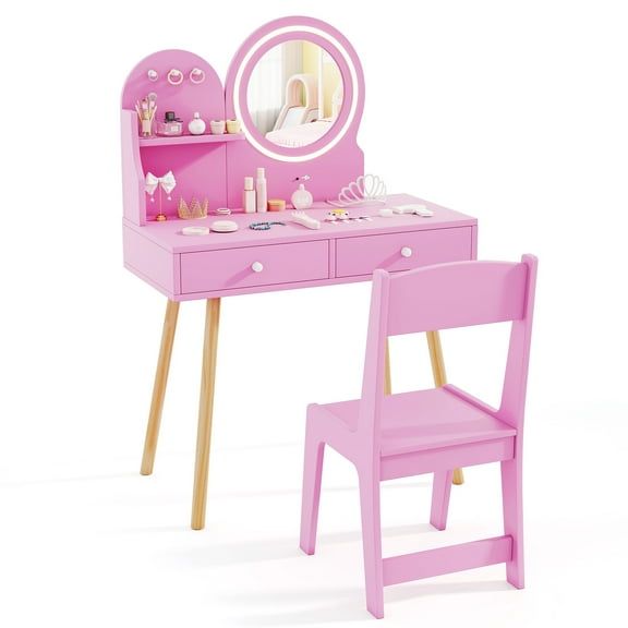 Infans Kids Vanity Set with Lighted Mirror Princess Makeup Dressing Desk and Chair Set